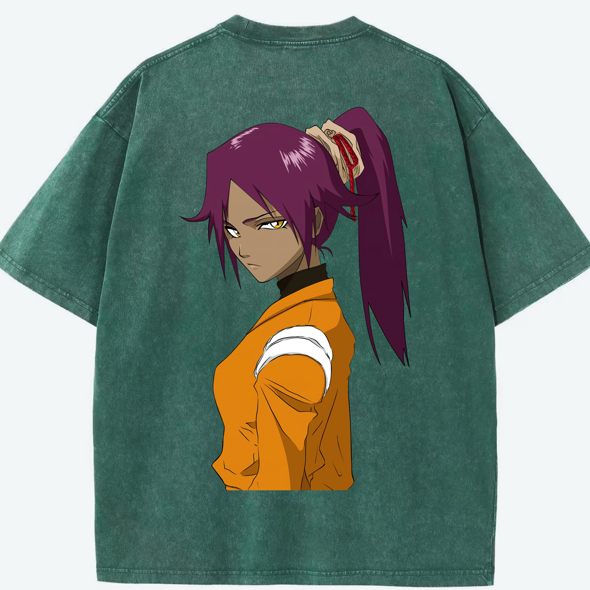 （画像用） ブリーチ 四楓院 夜一（しほういん よるいち） BLEACH Shihouin Yoruichi 綿100% ヴィンテージ風 半袖Tシャツ（背面プリント）